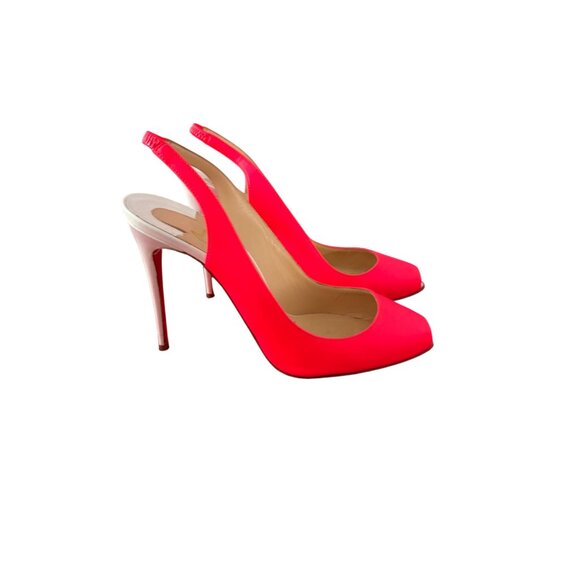 CHRISTIAN LOUBOUTIN Neon Pink White Slingback Heels Size 37 / US 7 - Picture 5 of 10